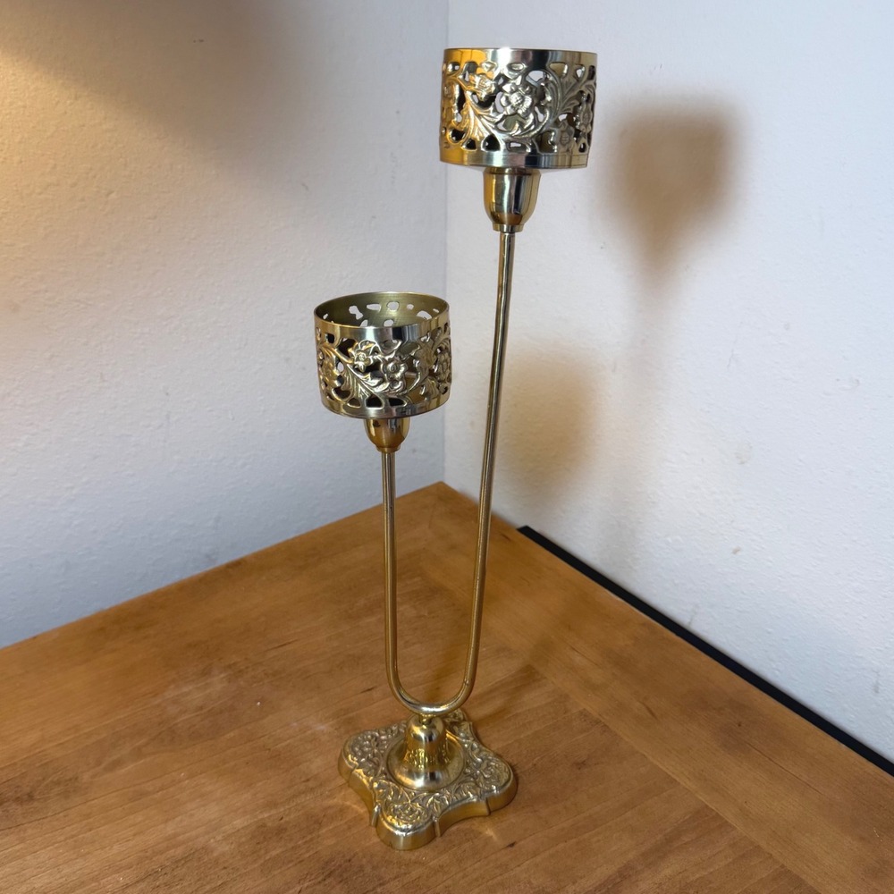 Vintage Brass Double Candle Holder Ornate Floral Pierced Tiered Candelabra